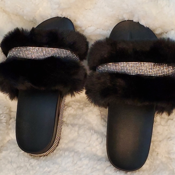 Black Furry and Silver Bedazzled Slippers - Picture 2 of 11